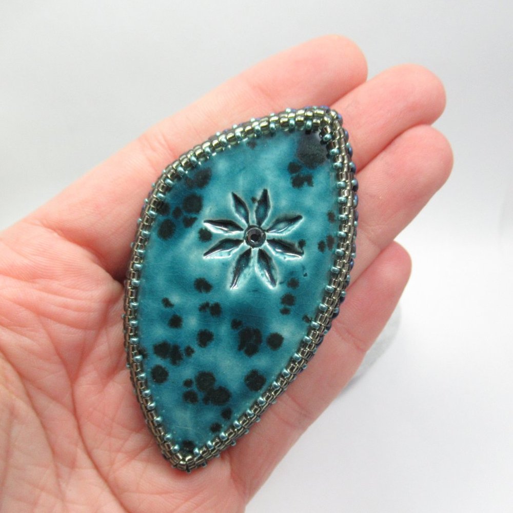 Hand embroidered artisan cabochon brooch